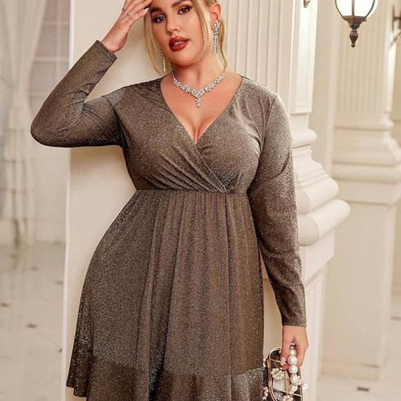 IN'VOLAND Plus Size Women Dress V Neck Ruched Fall Long Sleeve Short Mini - Picture 1 of 8